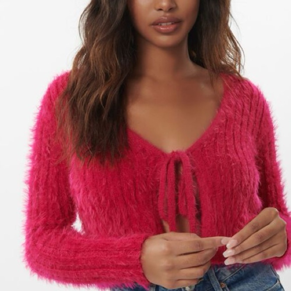 Garage Vibrant Pink Fuzzy Tie-Front Cropped Sweater Y2K 90s